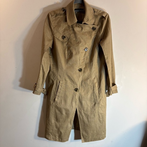 THEORY Sz M Nania Hummingbird 100% Linen Trench Coat Pockets Buttons - Picture 2 of 11